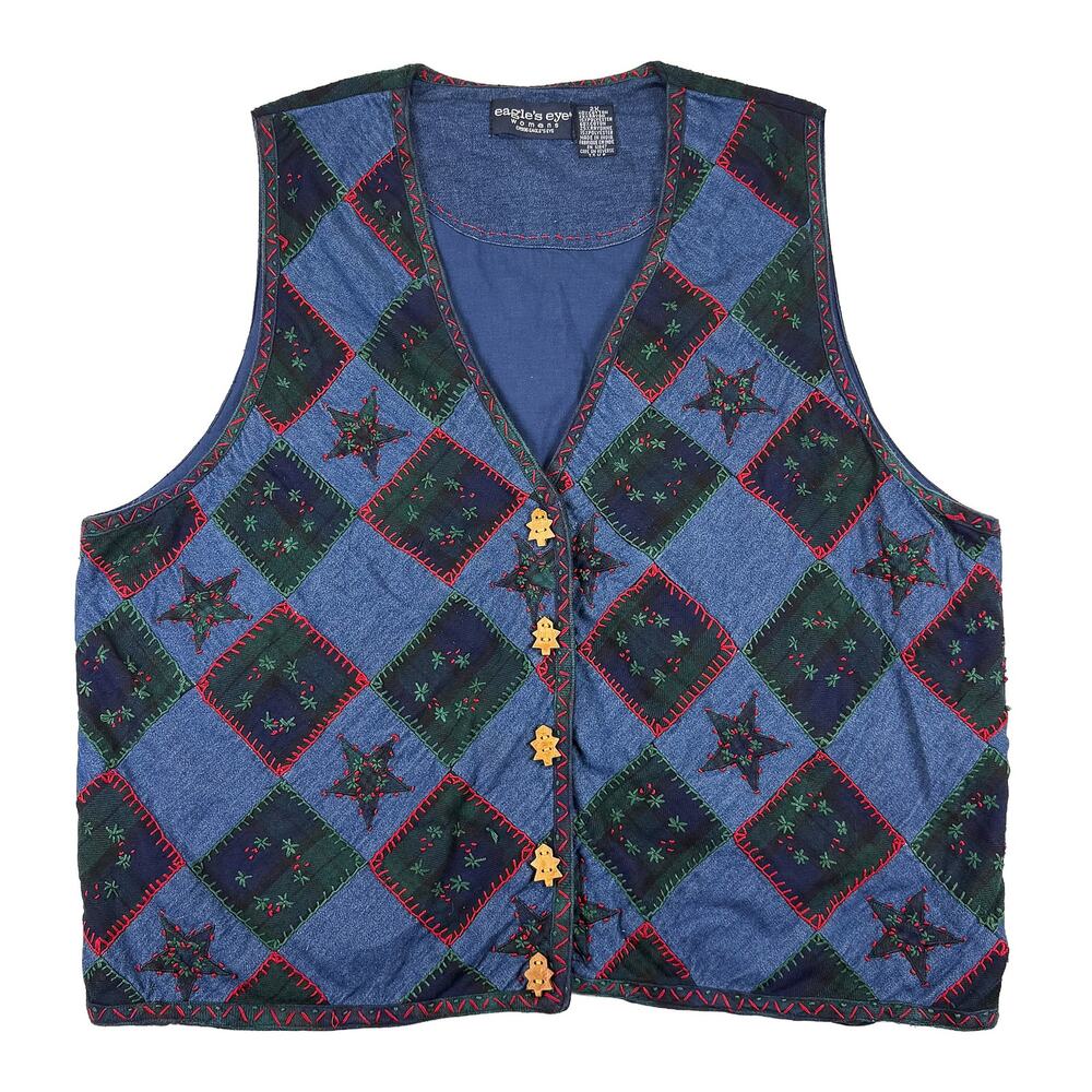 Eagle's Eye Vest VTG 90s Women's 2X Plaid Patchwork Christmas Stars Holiday